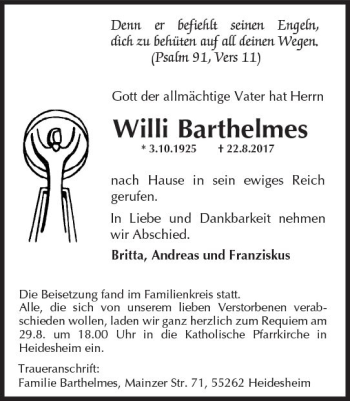 Traueranzeige von Willi Barthelmes von Trauerportal Rhein Main Presse