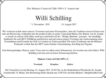 Traueranzeige von Willi Schilling von Trauerportal Rhein Main Presse