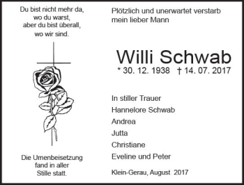 Traueranzeige von Willi Schwab von Trauerportal Echo Online