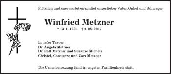 Traueranzeige von Winfried Metzner von  Kreisanzeiger