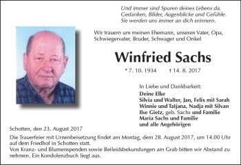 Traueranzeige von Winfried Sachs von  Kreisanzeiger