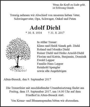 Traueranzeige von Adolf Diehl von  Gießener Anzeiger
