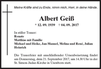 Traueranzeige von Albert Geiß von  Kreisanzeiger