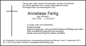 Traueranzeige von Anneliese Fertig von Trauerportal Rhein Main Presse