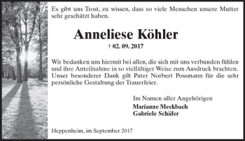 Traueranzeige von Anneliese Köhler von Trauerportal Echo Online