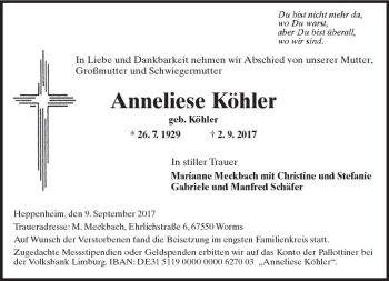 Traueranzeige von Anneliese Köhler von Trauerportal Echo Online
