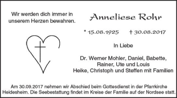 Traueranzeige von Anneliese Rohr von Trauerportal Rhein Main Presse