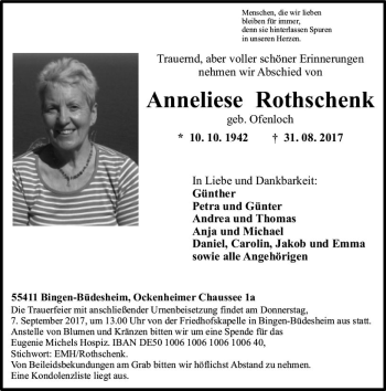 Traueranzeige von Anneliese Rothschenk von Trauerportal Rhein Main Presse