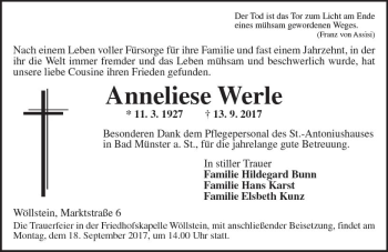 Traueranzeige von Anneliese Werle von Trauerportal Rhein Main Presse