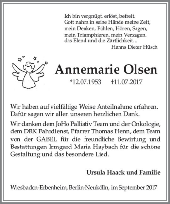 Traueranzeige von Annemarie Olsen von Trauerportal Rhein Main Presse