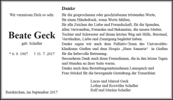 Traueranzeige von Beate Geck von  Gießener Anzeiger