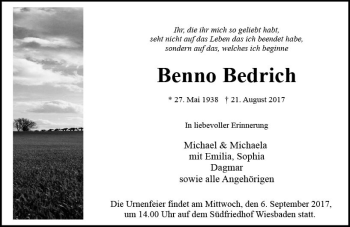Traueranzeige von Benno Bedrich von Trauerportal Rhein Main Presse