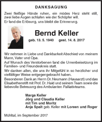 Traueranzeige von Bernd Keller von Trauerportal Echo Online