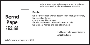 Traueranzeige von Bernd Pape von Trauerportal Rhein Main Presse