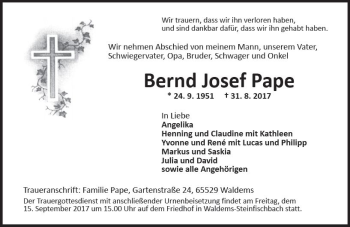 Traueranzeige von Bernd Josef Pape von Trauerportal Rhein Main Presse