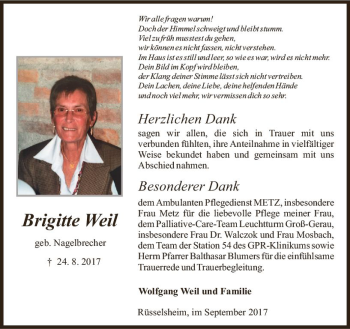 Traueranzeige von Brigitte Weil von Trauerportal Rhein Main Presse
