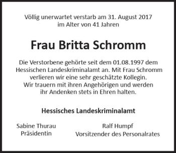 Traueranzeige von Britta Schromm von Trauerportal Rhein Main Presse