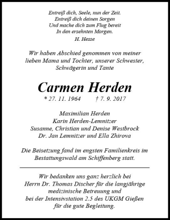 Traueranzeige von Carmen Herden von  Gießener Anzeiger