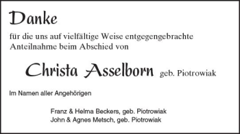 Traueranzeige von Christa Asselborn von Trauerportal Echo Online