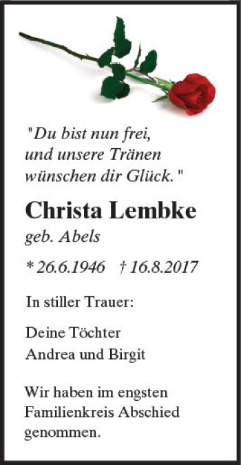 Traueranzeige von Christa Lembke von Trauerportal Rhein Main Presse