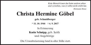 Traueranzeige von Christa Hermine Göbel von Trauerportal Rhein Main Presse