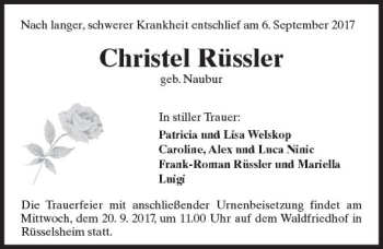 Traueranzeige von Christel Rüssler von Trauerportal Rhein Main Presse