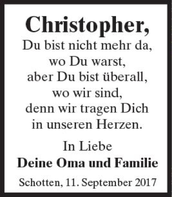 Traueranzeige von Christopher  von  Kreisanzeiger