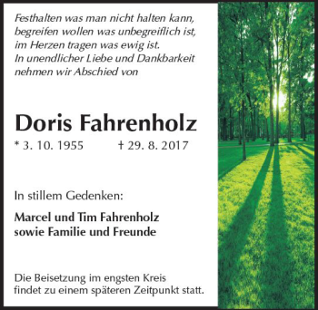 Traueranzeige von Doris Fahrenholz von Trauerportal Echo Online