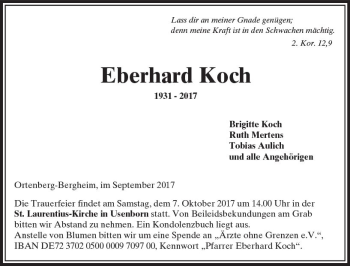 Traueranzeige von Eberhard Koch von  Kreisanzeiger