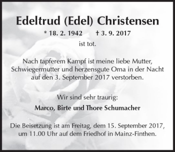 Traueranzeige von Edeltrud Christensen von Trauerportal Rhein Main Presse
