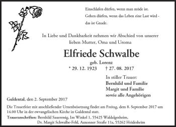 Traueranzeige von Elfriede Schwalbe von Trauerportal Rhein Main Presse