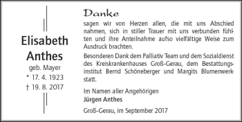 Traueranzeige von Elisabeth Anthes von Trauerportal Echo Online