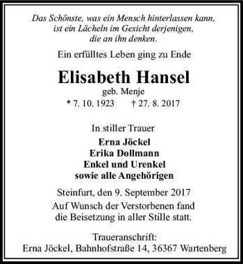 Traueranzeige von Elisabeth Hansel von VRM Trauer