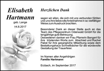 Traueranzeige von Elisabeth  Hartmann von Trauerportal Echo Online