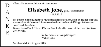 Traueranzeige von Elisabeth Johe von Trauerportal Echo Online