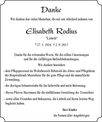 Traueranzeige von Elisabeth Rodius von Trauerportal Rhein Main Presse