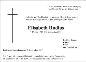 Traueranzeige von Elisabeth Rodius von Trauerportal Rhein Main Presse