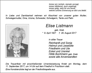 Traueranzeige von Elise Listmann von VRM Trauer