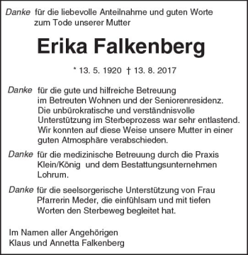Traueranzeige von Erika Falkenberg von Trauerportal Rhein Main Presse