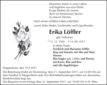 Traueranzeige von Erika Löffler von Trauerportal Echo Online