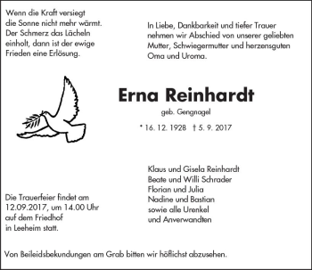 Traueranzeige von Erna Reinhardt von Trauerportal Echo Online