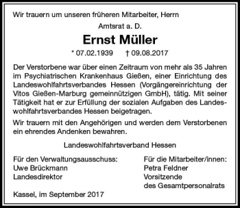 Traueranzeige von Ernst Müller von  Gießener Anzeiger