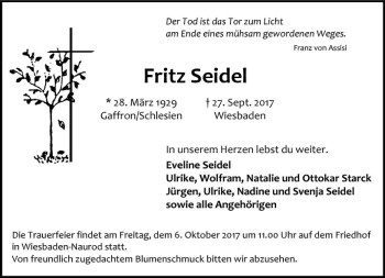Traueranzeige von Fritz Seidel von Trauerportal Rhein Main Presse