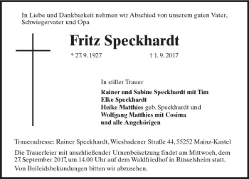 Traueranzeige von Fritz Speckhardt von Trauerportal Rhein Main Presse