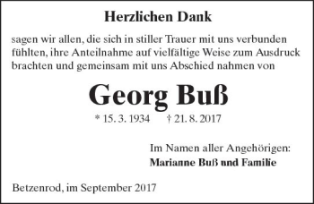 Traueranzeige von Georg Buß von  Kreisanzeiger