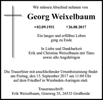 Traueranzeige von Georg Weixelbaum von Trauerportal Rhein Main Presse