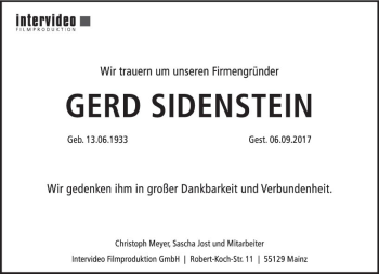 Traueranzeige von Gerd Sidenstein von Trauerportal Rhein Main Presse