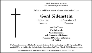 Traueranzeige von Gerd Sidenstein von Trauerportal Rhein Main Presse