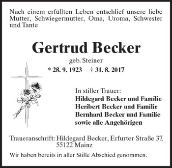 Traueranzeige von Gertrud Becker von Trauerportal Rhein Main Presse