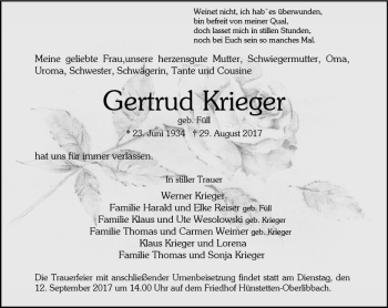 Traueranzeige von Gertrud Krieger von Trauerportal Rhein Main Presse